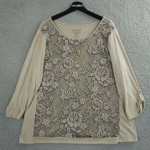 Chicos Top Womens 3 US XL Beige Tan Lou Floral Lace Front Roll Tab Sleeve Shirt